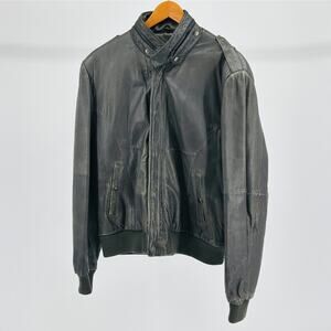 80s Bloomingdale's Men's Store Distressed Black Genuine Leather Bomber Jacket
